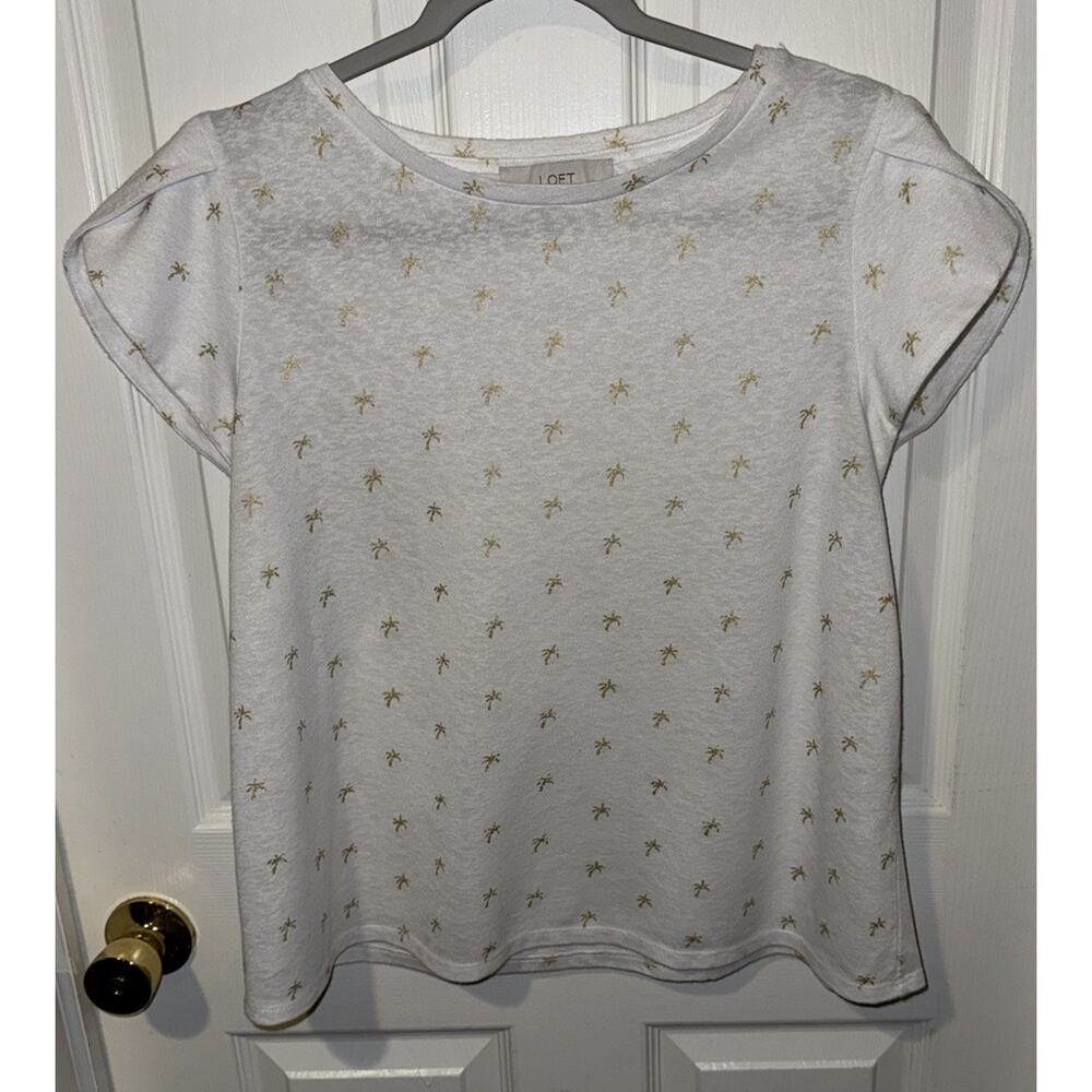 LOFT Woman’s Gold Pineapple White Top Shirt Size Large Tulip Sleeve